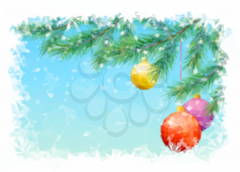 Christmas Holiday Background with Spruce Fir Tree Branches, Toy Balls and Snowflakes, Low Poly. Vector