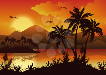 Tropical Landscape, Sea Islands with Palm Trees, Flowers, Mountain, Clouds, Sun and Birds Gulls, Black Silhouettes on Red - Yellow Background. Eps10, Contains Transparencies. Vector