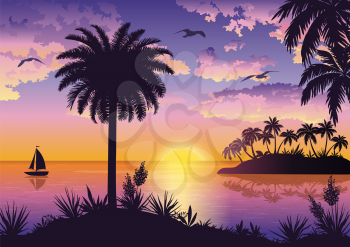 Tropical Sea Landscape, Silhouettes Mountain Islands with Palm Trees and Exotic Flowers, Ship, Sky with Clouds, Sun and Birds Gulls. Eps10, Contains Transparencies. Vector