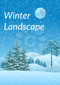 Winter Christmas Landscape with Coniferous Trees, Mountain, Snowflakes and Moon. Eps10, Contains Transparencies. Vector