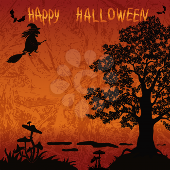 Halloween Landscape with Inscription, Black Silhouette Witch on a Broom and Bats in the Sky, Oak Tree and Toadstools Mushrooms on the Banks of the Swamp. Vector