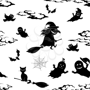 Seamless Pattern, Symbols Halloween Holiday, Black Silhouettes on White Background. Vector