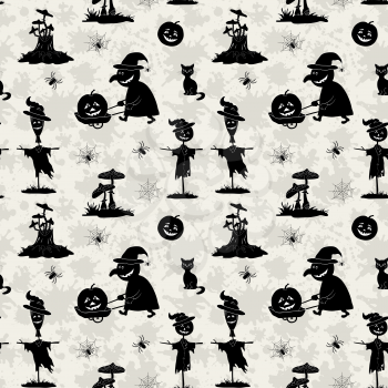 Seamless Pattern, Symbols Halloween Holiday, Black Silhouettes on Background with Blots. Vector