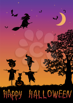 Halloween Landscape with Inscription, Black Silhouettes Witch on a Broom and Bats in Sky, Oak Tree with Owl, Pumpkin Jack-O-Lantern, Scarecrows and Cat. Vector