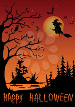 Holiday Halloween Landscape, Witch Flying on Broom Over Forest and Marsh With Castle Mushroom, Black Silhouette Against Tree With Owl, Bats And Moon in Sky. Element of Image Furnished by NASA. Vector