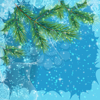 Background for Christmas Holiday Design, Green Fir Coniferous Branches and Blue Outline Snowflakes. Eps10, Contains Transparencies. Vector