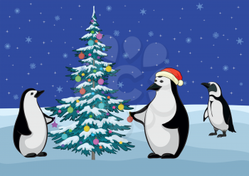 Antarctic emperor penguins decorate the Christmas tree. Vector