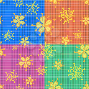 Seamless Floral Background, Tile Pattern of Symbolical Flowers and Colorful Checks. Eps10, Contains Transparencies. Vector