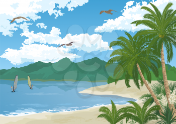 Tropical Sea Landscape, Summer Beach with Green Palm Trees and Exotic Yucca Flowers, Sportsman Surfers, Mountains, Birds Gulls in the Blue Sky with White Clouds. Eps10, Contains Transparencies. Vector