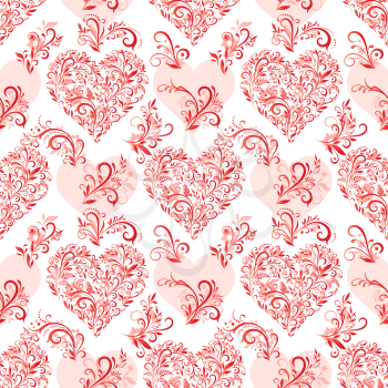 Seamless Background, Valentine Holiday Hearts with Floral Pattern, Leafs and Butterflies, Red Contours and Silhouettes. Vector