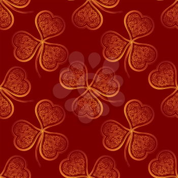 Seamless Tile Pattern, Symbolic Clover Plants with Leaves of Contour Golden Valentine Holiday Hearts on Red Background. Vector