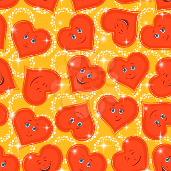 Seamless Valentine Holiday Pattern, Red Cartoon Hearts, Faces with Different Emotions, Funny and Sad, Laughing and Weeping on Abstract Background. Eps10, Contains Transparencies. Vector