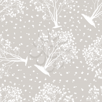 Seamless Pattern, Spring Magnolia Trees with Flowers, White Silhouettes on Grey Tile Background. Vector