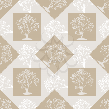 Seamless Pattern, Spring Magnolia Trees with Flowers, White Silhouettes on Grey Tile Background with Brown Squares. Vector