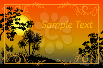 Exotic Landscape, Tropical Plants, Trees and Flowers Silhouettes, Sun and Gold Frame with Floral Pattern. Eps10, Contains Transparencies. Vector