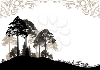Forest Landscape, Coniferous and Deciduous Trees Brown and Black Silhouettes on White Background with Abstract Vintage Floral Pattern. Vector