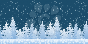 Seamless Horizontal Winter Christmas Woodland Landscape with Fir Trees Silhouettes and Snowflakes. Vector