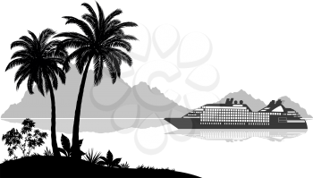 Exotic Sea Landscape, Tropical Palms Trees and Plants, Ship Passenger Liner, Mountains, Black and Grey Silhouettes on White Background. Vector