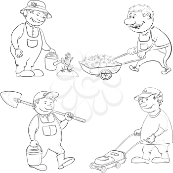 Cartoon Gardeners Work, Watering a Flower, Carries Trolley, with a Bucket and Spade, with a Lawnmower Black Contours Isolated on White Background. Vector