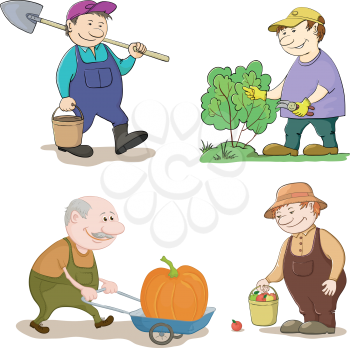 Cartoon Gardeners Work, With a Bucket and Spade, Cuts a Bush with Secateurs, Carries Trolley with Pumpkin, with the Harvest of Apples. Vector