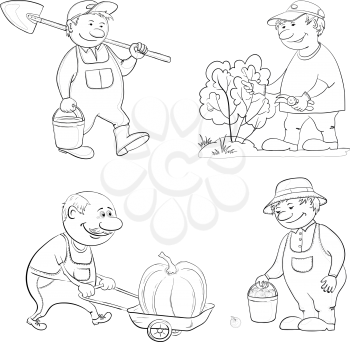 Cartoon Gardeners Work with a Bucket and Spade, Cuts a Bush with Secateurs, Carries Trolley with Pumpkin, with Harvest of Apples. Black Contour on White Background, Black Contours Isolated on White Background. Vector