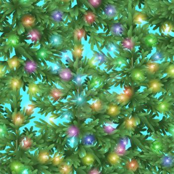 Christmas Seamless Background, Green Fir Trees, Blue Sky and Colorful Stars, Tile Holiday Pattern. Vector