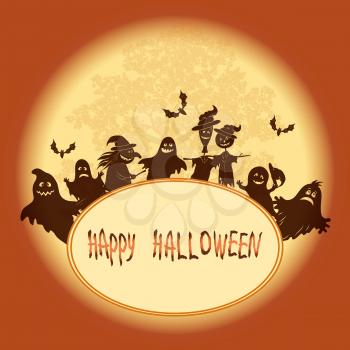 Background for Holiday Halloween Design, Cartoon Ghosts, Witch, Scarecrows and Bats Against the Moon and Tree, Silhouettes. Vector