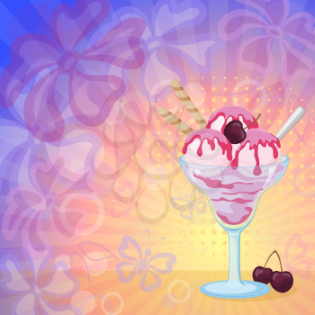 Food, Glass with Sundae Ice Cream with Syrup, Waffles and Cherry Berries on Abstract Background with Silhouettes Flowers, Butterflies, Rings and Rays. Eps10, Contains Transparencies. Vector