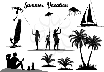 Summer Vacation Set. People with Kites, Surfer in the Sea, Tropical Palm Trees and Exotic Plants, Sailboat, Black Silhouettes Isolated on White Background. Vector