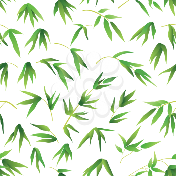 Exotic Seamless Pattern, Tropical Bamboo Plants Branches with Green Leaves Isolated on Tile White Background. Vector