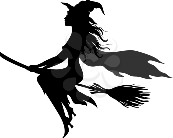 Witch Flying on Broom, Picture for Holiday Halloween, Black Silhouettes Isolated on White Background. Vector