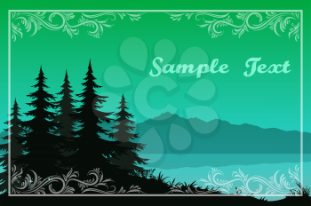Night Landscape, Green Mountains Lake or River, Fir Trees Black Silhouettes and Frame with a Floral Pattern. Vector