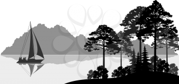 Landscape with Sailboat on a Mountain Lake, Fir Trees, Pines and Bushes, Black and Grey Silhouettes. Vector
