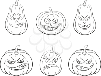 Holiday Halloween Symbols, Cartoons Pumpkins Jack O Lantern Set, Black Contours Isolated on White Background. Vector
