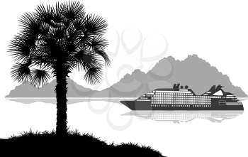 Exotic Sea Landscape, Beach, Tropical Palm Tree on the Shore, Ship Passenger Liner, Mountains, Black and Grey Silhouettes on White Background. Vector