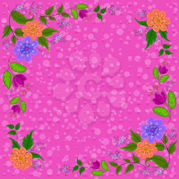 Frame from Flowers and Green Leafs on Pink Background. Vector