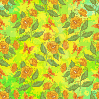 Seamless Pattern, Orange Flowers and Butterflies on Abstract Tile Background. Vector