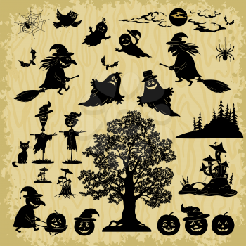 Set of Cartoon Objects and Subjects for the Holiday Halloween Design, Landscapes, Trees, Animals and Characters, Pumpkins Jack-O-Lantern, Witch, Ghosts, Mushrooms and Other, Black Silhouettes. Vector