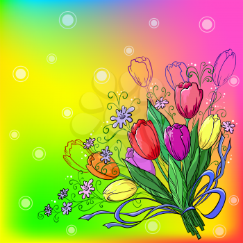 Flowers tulips, holiday bouquet on a beautiful colour background. Vector
