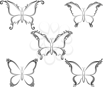 Set Butterflies Monochrome Black Pictograms Isolated on White Background. Vector