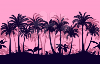 Horizontal Seamless Pattern, Tropical Forest, Evening or Morning Tile Landscape with Exotic Palms Trees and Grass Silhouettes on Pink Background. Vector