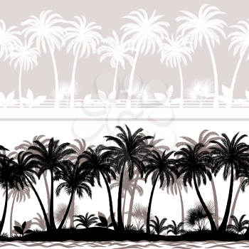 Horizontal Seamless Patterns, Summer Tropical Forest, Tile Landscapes with Exotic Palms Trees and Grass, Black and Grey Silhouettes on White and White on Grey Background. Vector