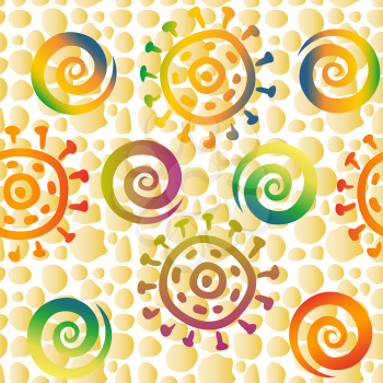 Seamless Pattern with Symbolical Colorful Suns Rings and Spirals on Abstract Tile Background. Vector