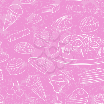 Seamless Background, Food, Sweets White Contours, Pink Wallpaper with Tile Pattern. Vector