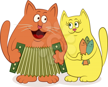 Cartoon Characters, Cats Lovers with the Accordion and the Fish, Isolated on White Background. Vector