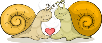 Cartoon Animals, Snails Woman and a Man, Lovers with Valentine Holiday Heart, Isolated on White Background. Vector