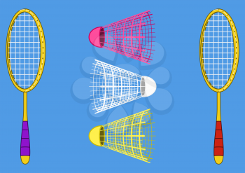 Set objects of sporting equipment for badminton game: two rackets and three shuttlecocks on blue background. Vector