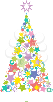 Cartoon Christmas Holiday Tree Made of Multicolored Stars and Rings Silhouettes on White Background. Vector