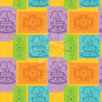Seamless background, cups with a hot drink and rectangles with floral pattern. Vector