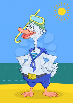 Cartoon: goose diver in the sea form and a mask for a scuba diving standing on the beach and wants to swim. Vector illustration